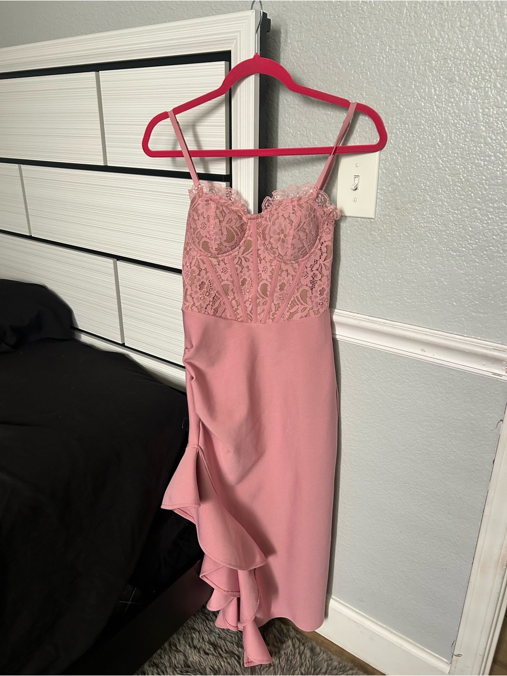 Fashion Nova Dusty Pink Lace Bodice Ruffle Midi Dress